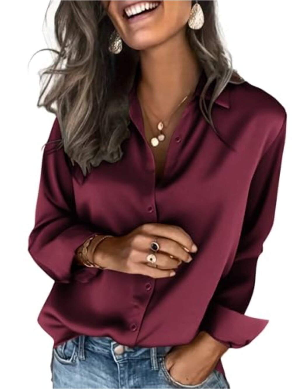 Satin Button Down Blouse Long Sleeve V-Neck Business Casual Top